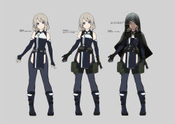 Rule 34 | 1girl, bare shoulders, blue footwear, blue pants, blue shirt, cape, closed mouth, commentary request, detached sleeves, full body, girls&#039; frontline, gloves, green gloves, grey background, gun, hair between eyes, long sleeves, medium hair, multiple views, original, pants, rifle, shadow, shirt, simple background, smile, sniper rifle, toz (tulsky oruzheiny zavod), translation request, tsniitochmash, tula arms plant, vss vintorez, warashi, weapon