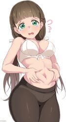 Rule 34 | 1girl, artist name, belly, belly grab, black pantyhose, blush, bra, breasts, brown hair, center-flap bangs, cleavage, commentary request, embarrassed, flying sweatdrops, green hair, hair ribbon, highres, large breasts, linatai, long hair, love live!, love live! superstar!!, low twintails, navel, panties, pantyhose, plump, ribbon, sakurakoji kinako, tearing up, twintails, twitter username, underwear, weight conscious, white background, white bra