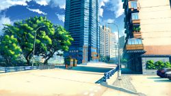 Rule 34 | balcony, blue sky, booth seating, building, car, city, cloud, cloudy sky, commentary request, day, grass, highres, lamppost, motor vehicle, no humans, original, outdoors, plant, railing, road, scenery, sky, skyscraper, street, tree, window, xingyue ling