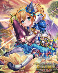 Rule 34 | 1girl, :o, animal, aqua bow, aqua ribbon, bird, blonde hair, blue bow, blue capelet, blue eyes, blue flower, blue footwear, blue hat, blue skirt, blush, bow, brooch, brown shirt, capelet, cloud, cloudy sky, constellation print, copyright name, day, eggplant, esphy, fantasy, flower, hair between eyes, hair flower, hair ornament, hair ribbon, hat, hatsuyume, hawk, head tilt, hugging object, jewelry, juliet sleeves, long sleeves, looking at viewer, mini hat, mount fuji, official art, outdoors, parted lips, print headwear, puffy sleeves, red bow, red sky, ribbon, ribbon-trimmed sleeves, ribbon trim, rope, shinma x keishou! ragnabreak, shirt, shoes, skirt, sky, solo, star (symbol), striped clothes, striped thighhighs, sun, sunlight, thighhighs, twintails, white thighhighs, wide sleeves, wizard hat, yellow flower