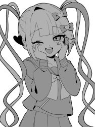 Rule 34 | 1girl, :d, akahito (akaironotanin), blunt bangs, bow, chouzetsusaikawa tenshi-chan, commentary, greyscale, hair bow, hair ornament, hands on own face, hands up, heart, heart hair ornament, highres, long hair, long sleeves, looking at viewer, monochrome, multiple hair bows, needy girl overdose, one eye closed, open mouth, pleated skirt, quad tails, sailor collar, school uniform, serafuku, shirt, simple background, skirt, smile, solo, standing, twintails, very long hair, white background