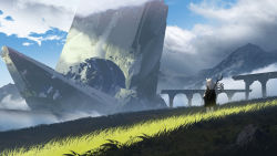 Rule 34 | 1girl, absurdres, animal ears, arch, arknights, black coat, cloud, cloudy sky, coat, commentary, day, facing away, female focus, floating hair, grass, highres, lappland (arknights), long hair, majino 1141229491, meadow, mountain, rock, scenery, sky, solo, staff, structure, white hair, wide shot, wind, wolf ears