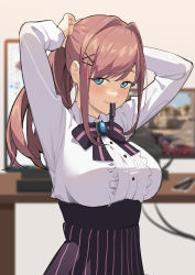 Rule 34 | 1girl, adjusting hair, arms behind head, arms up, bow, breasts, center frills, computer, frills, goumudan, hair tie, hair tie in mouth, hands in hair, high-waist skirt, highres, indoors, large breasts, long hair, long sleeves, looking at viewer, monitor, mouth hold, nijisanji, ribbon, ribbon in mouth, shirt, skirt, solo, striped bow, striped clothes, striped skirt, suzuhara lulu, sweat, tying hair, upper body, vertical-striped clothes, vertical-striped skirt, virtual youtuber, white shirt