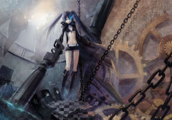 Rule 34 | 10s, 1girl, absurdres, arm cannon, bad id, bad pixiv id, belt, bikini, bikini top only, black hair, black rock shooter, black rock shooter (character), blue eyes, boots, chain, coat, female focus, flat chest, full body, glowing, glowing eyes, highres, long hair, navel, scar, shorts, shuiyituzi, solo, swimsuit, twintails, weapon