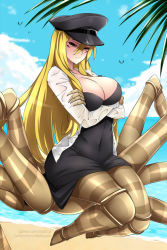 Rule 34 | 1girl, arachne, arthropod girl, beach, black dress, blonde hair, blue sky, breasts, cleavage, closed mouth, commentary, crossed arms, day, dress, english commentary, extra eyes, extra legs, hair between eyes, insect girl, jacket, large breasts, lindaroze, long hair, long legs breed (monster musume), monster girl, monster musume no iru nichijou, multiple legs, outdoors, patreon username, photoshop (medium), sand, sidelocks, sky, solo, spider girl, strapless, strapless dress, taur, water, watermark, web address, white jacket