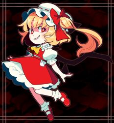 Rule 34 | 1girl, ascot, bobby socks, bow, collared shirt, commentary, dark background, english commentary, flandre scarlet, frilled shirt collar, frilled skirt, frills, full body, hat, hat bow, long hair, looking at viewer, luckyblackcatxiii, mary janes, mob cap, one side up, open mouth, puffy short sleeves, puffy sleeves, red background, red bow, red eyes, red footwear, red ribbon, red skirt, red vest, ribbon, ribbon-trimmed headwear, ribbon trim, shirt, shoes, short sleeves, simple background, skirt, skirt set, socks, solo, touhou, vest, white background, white shirt, white socks, wings, yellow ascot