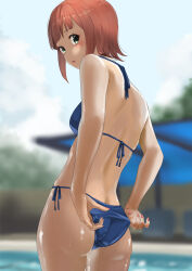 Rule 34 | 1girl, absurdres, amami haruka, ass, back, bare shoulders, bikini, blue bikini, blush, breasts, brown hair, butt crack, commission, green eyes, highres, idolmaster, looking at viewer, nail polish, outdoors, pixiv commission, red nails, short hair, small breasts, swimsuit, tama (tamago), wet, wet clothes