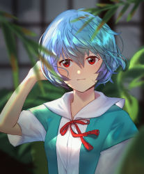 Rule 34 | 1girl, absurdres, ayanami rei, blouse, blue hair, closed mouth, collared shirt, eyebrows, female focus, floating hair, hair between eyes, hand in own hair, hand up, highres, light smile, looking at viewer, neon genesis evangelion, plant, red eyes, school uniform, shirt, short hair, short sleeves, solo, tagme, tokyo-3 middle school uniform, upper body, white shirt