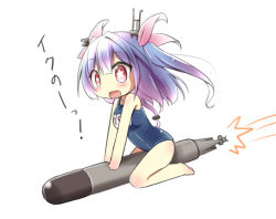 Rule 34 | 10s, 1girl, chibi, hair ribbon, headgear, i-19 (kancolle), kantai collection, machinery, miyako hito, one-piece swimsuit, open mouth, personification, pun, purple hair, red eyes, ribbon, school swimsuit, sitting, solo, star-shaped pupils, star (symbol), swimsuit, symbol-shaped pupils, torpedo, translated, twintails