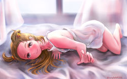 Rule 34 | 1girl, barefoot, brown hair, closed mouth, creatures (company), dress, game freak, hair bobbles, hair ornament, happy, highres, jasmine (pokemon), looking at viewer, lying, nintendo, on bed, on side, pokemon, pokemon gsc, see-through, smile, solo, white dress