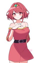 Rule 34 | 1girl, absurdres, breasts, chest jewel, dress, earrings, hand on own chest, highres, jewelry, kotohatoko510, large breasts, pyra (xenoblade), red eyes, red hair, short hair, simple background, solo, spoilers, swept bangs, white background, xenoblade chronicles (series), xenoblade chronicles 2, xenoblade chronicles 3