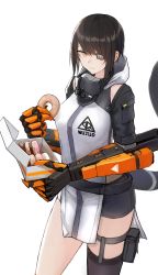 Rule 34 | 1girl, bad id, bad pixiv id, brown hair, commentary, cyborg, doughnut, eyepatch, food, highres, hood, hood down, mechanical arms, mihato senba, original, pastry box, science fiction, short hair with long locks, short shorts, shorts, single mechanical arm, single thighhigh, solo, sumi elias, thighhighs, white background, yellow eyes