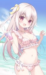 Rule 34 | 1girl, :d, bare arms, bare shoulders, bendy straw, bikini, blue sky, breasts, cleavage, cloud, collarbone, commentary request, cup, day, drinking glass, drinking straw, frilled bikini, frills, grey hair, hair between eyes, hands up, heart, heart necklace, highres, holding, holding cup, horizon, inae koron, jewelry, koi ni kanmi o soete, long hair, looking at viewer, medium breasts, miyasaka naco, navel, necklace, ocean, one side up, open mouth, outdoors, pink bikini, plaid, plaid bikini, red eyes, sky, smile, solo, swimsuit, very long hair, water