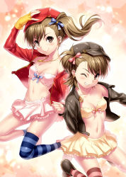 Rule 34 | 2girls, breasts, brown eyes, brown hair, cleavage, fingerless gloves, futami ami, futami mami, gloves, hand on headwear, hat, idolmaster, idolmaster (classic), jacket, jewelry, long hair, midriff, multiple girls, navel, necklace, one eye closed, short hair, siblings, side ponytail, single thighhigh, sisters, skirt, small breasts, smile, striped clothes, striped legwear, striped thighhighs, thighhighs, twins, zen