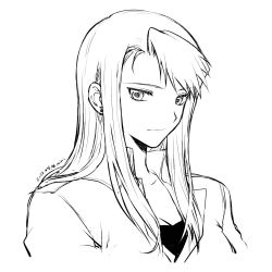 Rule 34 | 1girl, 2022, asymmetrical bangs, breasts, cleavage, closed mouth, collarbone, collared shirt, cropped torso, dated, dress shirt, earrings, fullmetal alchemist, greyscale, hair over shoulder, highres, jewelry, long hair, medium breasts, mini (pixiv6327751), monochrome, open clothes, open shirt, riza hawkeye, shirt, simple background, sketch, smile, solo, straight hair, upper body, white background, wing collar