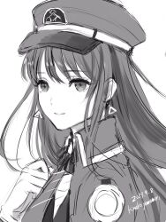 Rule 34 | 1girl, artist name, closed mouth, collared shirt, dated, diesel (nikke), earrings, gloves, goddess of victory: nikke, greyscale, hat, highres, jacket, jewelry, long hair, looking at viewer, military hat, military jacket, monochrome, necktie, open clothes, open jacket, peaked cap, shirt, sidelocks, simple background, sketch, smile, solo, striped necktie, triangle earrings, white background, yamamori kinako
