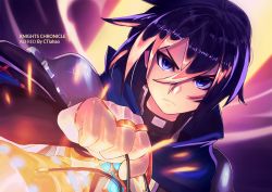 Rule 34 | 1boy, alfred (knights chronicle), artist name, blue eyes, blue hair, cape, character name, copyright name, ctiahao, fingerless gloves, gloves, knights chronicle, lamp, male focus, solo, upper body