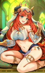 Rule 34 | 1girl, armlet, blue skirt, blush, bracer, breasts, brooch, foxyreine, genshin impact, green eyes, hair ornament, harem outfit, highres, horns, jewelry, large breasts, long hair, long sleeves, looking at viewer, low twintails, neck ring, nilou (genshin impact), open mouth, puffy long sleeves, puffy sleeves, red hair, sash, sidelocks, skirt, smile, solo, thighlet, thighs, twintails, veil