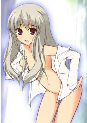 Rule 34 | 00s, 1girl, bent over, blush, bottomless, fate/stay night, fate (series), female focus, flat chest, gradient background, illyasviel von einzbern, navel, no panties, open clothes, open shirt, purple eyes, shimakaze (soundz of bell), shirt, silver hair, solo