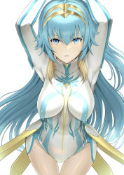 Rule 34 | 1girl, arms up, beatmania, beatmania iidx, blue eyes, blue hair, breasts, circlet, cuvelia, hakaba (dairiseki), highres, large breasts, leotard, long hair, looking at viewer, parted lips, simple background, solo, thighs, white leotard