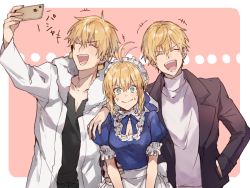 Rule 34 | +++, 1girl, 2boys, :d, ahoge, alternate costume, anger vein, apron, artoria pendragon (all), artoria pendragon (fate), black jacket, black shirt, blonde hair, blue dress, blue ribbon, cellphone, closed eyes, closed mouth, coat, dress, dual persona, earrings, enmaided, fate/stay night, fate (series), gilgamesh (fate), green eyes, hand in pocket, holding, holding phone, jacket, jewelry, laughing, lock, lock earrings, long sleeves, looking at viewer, maid, maid apron, maid headdress, multiple boys, neck ribbon, official alternate costume, open clothes, open coat, open mouth, padlock, phone, puffy short sleeves, puffy sleeves, ribbon, saber (fate), selfie, shirt, short sleeves, smartphone, smile, sweat, sweatdrop, sweater, v-neck, v-shaped eyebrows, waist apron, waltz (tram), white apron, white coat, white sweater, wide-eyed