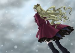 Rule 34 | black footwear, blonde hair, boots, cloud, cloudy sky, coat, code geass, code geass: boukoku no akito, floating hair, from behind, from below, hair ornament, komaichi, leila malcal, long hair, looking up, outdoors, red coat, sky, snowing, solo, thigh boots, thighhighs, very long hair