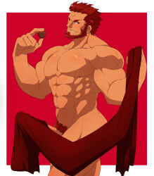 Rule 34 | 1boy, abs, bara, beard, biceps, bulge, candy, chocolate, chocolate heart, erection, erection under clothes, facial hair, fate/grand order, fate/zero, fate (series), feet out of frame, food, heart, iskandar (fate), karakuraax, large pectorals, looking at viewer, male focus, manly, mature male, muscular, muscular male, nipples, nude, pectorals, pubic hair, red background, red eyes, red hair, robe, simple background, smirk, solo, spiked hair, thick arms, thick eyebrows, thick thighs, thighs