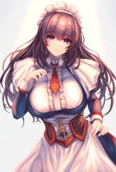Rule 34 | 1girl, absurdres, apron, arm across waist, azur lane, badge, black dress, blue eyes, breasts, brown hair, center frills, commission, corset, cowboy shot, curacoa (azur lane), dated, denchi more power, dress, frilled apron, frilled hairband, frills, gradient background, hairband, highres, huge filesize, lace-trimmed hairband, lace trim, large breasts, long dress, long hair, looking at viewer, maid, maid headdress, necktie, pixiv commission, red necktie, smile, solo, taut clothes, taut dress, white apron, white background