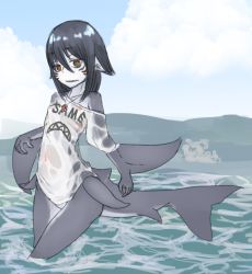 Rule 34 | 1girl, black hair, bottomless, clothes writing, female focus, fins, gills, ishimizu08, jewelry, monster girl, necklace, ocean, original, outdoors, partially submerged, see-through, shark girl, shark tail, solo, tail, water, wet, wet clothes
