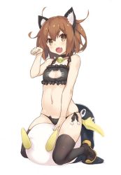 Rule 34 | &gt;:o, 10s, 1girl, :o, animal ears, bell, black bra, black panties, black thighhighs, bra, breasts, brown eyes, brown hair, cat cutout, cat ear panties, cat ears, cat lingerie, choker, cleavage, cleavage cutout, clothing cutout, fake animal ears, fang, full body, goekawa, hairband, ikazuchi (kancolle), jingle bell, kantai collection, meme attire, navel, neck bell, panties, paw pose, revision, shoes, short hair, side-tie panties, simple background, small breasts, smile, solo, straddling, string panties, stuffed animal, stuffed penguin, stuffed toy, thighhighs, underwear, underwear only, v-shaped eyebrows, white background
