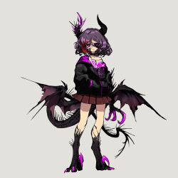 Rule 34 | 1girl, anderson m0311, claws, demon girl, demon horns, demon tail, demon wings, expressionless, eyepatch, full body, grey background, hands in pockets, hayasaka mirei, highres, horns, idolmaster, idolmaster cinderella girls, jacket, looking at viewer, low wings, miniskirt, multicolored hair, purple hair, red hair, short hair, simple background, skirt, solo, tail, two-tone hair, wings