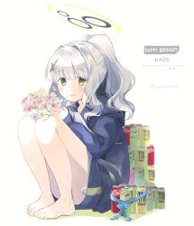 Rule 34 | 1girl, bare legs, barefoot, black jacket, blue archive, can, english text, flower, full body, green eyes, grey hair, halo, hare (blue archive), highres, hood, hooded jacket, jacket, looking at viewer, mizuki toko, ponytail, simple background, sitting, solo, white background