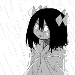 Rule 34 | 1girl, bad end, black hair, cloak, constricted pupils, crying, crying with eyes open, diamond (gemstone), etihw, funamusea, funamusea (artist), gender request, glowing, glowing eyes, greyscale, haiiro teien, looking up, lowres, monochrome, rain, simple background, solo, spoilers, tears, wet, wet clothes, wet hair, white background