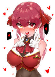 Rule 34 | 1girl, absurdres, armpit crease, blush, breasts, choker, commentary, cropped jacket, english commentary, eyelashes, frilled choker, frills, gold trim, hair ribbon, hands up, heart, heterochromia, highres, hololive, honeymelon, houshou marine, in heat, jacket, large breasts, leotard, leotard under clothes, looking at viewer, neckerchief, ok sign, pointing, pointing up, red eyes, red hair, red jacket, red neckerchief, red ribbon, ribbon, saliva, shadow, shiny clothes, sidelocks, simple background, sleeveless, sleeveless jacket, solo, steaming body, teeth, tongue, tongue out, twintails, upper body, upper teeth only, virtual youtuber, white background, yellow eyes