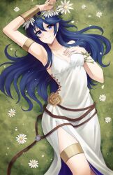 Rule 34 | 1girl, arm up, armlet, armpits, bare shoulders, birthmark, blue eyes, blue hair, bracelet, brand of the exalt, breasts, cleavage, closed mouth, collarbone, doiparuni, dress, fire emblem, fire emblem awakening, fire emblem heroes, flower, hair between eyes, hair flower, hair ornament, highres, holding, holding flower, jewelry, long hair, looking at viewer, lucina (fire emblem), lucina (valentine) (fire emblem), lying, nintendo, official alternate costume, on back, side slit, sleeveless, sleeveless dress, small breasts, smile, solo, valentine, white dress