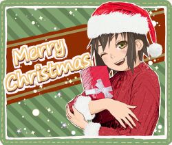 Rule 34 | 1girl, blush, box, brown eyes, brown hair, christmas, drawfag, fang, fur-trimmed headwear, fur trim, gift, gift box, hat, highres, holding, holding gift, kusakabe misao, looking at viewer, lucky star, merry christmas, one eye closed, open mouth, pom pom (clothes), red hat, red sweater, santa hat, short hair, smile, solo, sweater, teeth, upper body, upper teeth only