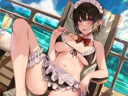 Rule 34 | 1girl, bare arms, bare shoulders, bikini, black hair, blush, bow, bowtie, breasts, brown bikini, chair, detached collar, frilled bikini, frills, hizuki higure, knee up, large breasts, looking at viewer, maid headdress, navel, original, outdoors, parted lips, purple eyes, red neckwear, resized, short hair, sideboob, sitting, smile, swimsuit, thigh strap, third-party edit, underboob, upscaled, white headwear