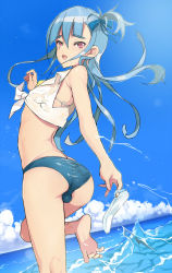 Rule 34 | 1boy, androgynous, ass, bad id, bad pixiv id, barefoot, blue hair, blush, bulge, cloud, coin rand, crossdressing, day, dutch angle, feet, from behind, hair ribbon, highres, long hair, looking back, male focus, midriff, no pupils, open mouth, original, outdoors, pink eyes, ribbon, sandals, unworn sandals, shirt, sky, solo, spread toes, tied shirt, toes, trap, water