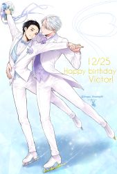 Rule 34 | 2boys, black hair, blue eyes, bouquet, bow, bowtie, brown eyes, dated, eye contact, flower, formal, hair slicked back, hand on another&#039;s hip, happy birthday, highres, ice skates, jewelry, katsuki yuuri, kisaragi mizu, looking at another, male focus, multiple boys, necktie, ring, silver hair, skates, skating, smile, suit, twitter username, viktor nikiforov, white suit, yuri!!! on ice