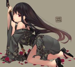 Rule 34 | 1girl, ass, bare shoulders, black hair, dated, floral print, flower, geta, holding, holding weapon, japanese clothes, katana, long hair, original, petals, rayvon, red eyes, rose, rose petals, sheath, sheathed, simple background, solo, sword, tongue, tongue out, weapon