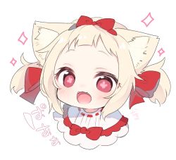 Rule 34 | 1girl, :3, :d, amai hiyo, amai hiyo channel, animal ears, bib, blonde hair, bow, cat ears, cat girl, child, commentary, cropped torso, eyebrows, eyelashes, fangs, forehead, hair bow, hair ornament, highres, indie virtual youtuber, looking at viewer, nachiru, open mouth, red bow, red eyes, short hair, short twintails, sidelocks, simple background, smile, solo, sparkle, symbol-shaped pupils, translation request, twintails, virtual youtuber, white background