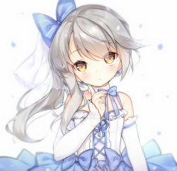 Rule 34 | 1girl, blue bow, blue nails, blurry, blurry background, blush, bow, brown eyes, closed mouth, commentary, depth of field, detached sleeves, earrings, fingernails, hair between eyes, hair bow, hand up, head tilt, indoors, jewelry, long hair, long sleeves, nail polish, ning hai (warship girls r), ponytail, see-through, shirt, side ponytail, silver hair, simple background, sleeves past wrists, solo, strapless, striped, striped bow, tengxiang lingnai, veil, very long hair, warship girls r, white background, white shirt
