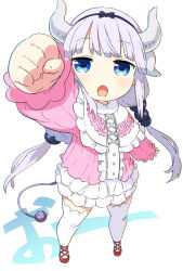 Rule 34 | 1girl, :o, arm up, beads, blue eyes, bonbas24, clenched hand, dragon horns, electric plug tail, flats, foreshortening, frilled shirt, frills, full body, hair beads, hair ornament, horns, kanna kamui, kobayashi-san chi no maidragon, long hair, long sleeves, looking at viewer, low twintails, open mouth, pink shirt, red footwear, shirt, simple background, solo, standing, thighhighs, twintails, two-tone shirt, white background, white horns, white shirt, white thighhighs