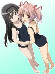Rule 34 | 10s, 2girls, :d, akemi homura, alternate costume, backless outfit, bare back, bare legs, bare shoulders, barefoot, blush, from above, hairband, holding hands, homing (areya), kaname madoka, long hair, mahou shoujo madoka magica, mahou shoujo madoka magica (anime), multiple girls, one-piece swimsuit, open mouth, pink eyes, pink hair, purple eyes, school swimsuit, short hair, simple background, smile, swimsuit, twintails