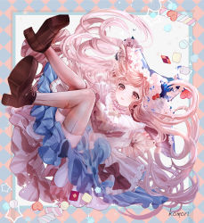 Rule 34 | 1girl, absurdres, argyle, argyle background, argyle clothes, artist name, border, bow, cake, candy, cherry, collar, doughnut, dress, flower, food, frilled collar, frilled dress, frills, fruit, hair flower, hair ornament, heart, high heels, highres, komorihikki, long hair, original, outside border, parted lips, pink dress, pink hair, red bow, red eyes, solo, sweets, thighhighs, very long hair, white thighhighs, witch