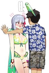 Rule 34 | ..., 1boy, 1girl, animal, animal on head, bikini, bird, blue shirt, blush, braid, braided ponytail, breasts, camouflage, camouflage shorts, cleavage, commentary, english commentary, fate/grand order, fate (series), fingernails, flower, flying sweatdrops, fujimaru ritsuka (male), fujimaru ritsuka (male) (tropical summer), green bikini, grey hair, hair flower, hair ornament, hair ribbon, hawaiian shirt, highres, jewelry, kabedon, kama (fate), kama (swimsuit avenger) (fate), kama (swimsuit avenger) (second ascension) (fate), large breasts, long hair, looking at another, monkey jon, navel, necklace, official alternate costume, on head, open mouth, parrot, pink nails, red eyes, red ribbon, ribbon, shirt, short hair, short sleeves, shorts, simple background, speech bubble, stomach, sweat, swimsuit, tan, white background, white nails
