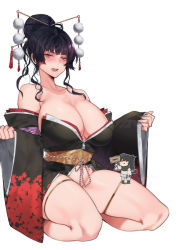 Rule 34 | 1girl, artist name, bare shoulders, blunt bangs, blush, breasts, cleavage, collarbone, commentary, dead or alive, full body, hair ornament, hair stick, half updo, highres, huge breasts, japanese clothes, kimono, licking lips, mimyo, mole, mole under mouth, nail polish, nyotengu, obi, off shoulder, pink nails, purple eyes, sash, seiza, short kimono, sidelocks, sitting, thick thighs, thigh strap, thighs, tongue, tongue out, wide sleeves