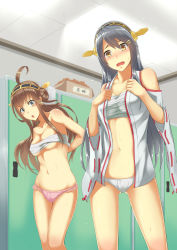 Rule 34 | &gt;:o, 10s, 2girls, :o, absurdres, ahoge, bare legs, bare shoulders, blush, breasts, brown eyes, detached sleeves, double bun, grey eyes, grey hair, hair bun, hair ornament, hairband, hairclip, haruna (kancolle), has bad revision, has downscaled revision, headgear, highres, japanese clothes, kantai collection, kongou (kancolle), locker, locker room, long hair, looking at viewer, md5 mismatch, multiple girls, navel, open clothes, open mouth, panties, pink panties, resolution mismatch, sarashi, shinbee, source smaller, underboob, underwear, undressing, v-shaped eyebrows, white panties