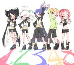 Rule 34 | + +, 2boys, 3girls, ;d, agent 3 (splatoon), agent 4 (splatoon), agent 8 (splatoon), anklet, arm up, asymmetrical sleeves, bike shorts, black cape, black footwear, black hair, black jacket, black shirt, black shorts, black skirt, blonde hair, blue hair, boots, bracelet, brown eyes, callie (splatoon), cape, commentary, cousins, crop top, drawstring, fang, hair pulled back, hair slicked back, hand on own hip, headgear, highres, inkling, inkling boy, inkling player character, jacket, jewelry, leg up, long hair, long sleeves, looking at viewer, marie (splatoon), medium hair, microskirt, midriff, mole, mole under eye, multiple boys, multiple girls, navel, nintendo, no legwear, octoling, octoling girl, octoling player character, one eye closed, open mouth, paint splatter, pencil skirt, red hair, scrunchie, sharp teeth, shirt, shoes, short hair, shorts, side-by-side, simple background, single vertical stripe, skirt, smile, splatoon (series), splatoon 1, splatoon 2, splatoon 2: octo expansion, squidbeak splatoon, standing, standing on one leg, suction cups, sukeo (nunswa08), teeth, tentacle hair, topknot, uneven sleeves, v-shaped eyebrows, very long hair, vest, white background, white hair, yellow footwear, yellow jacket, yellow vest, zipper
