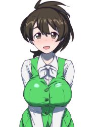 Rule 34 | 10s, 1girl, alternate costume, black ribbon, breasts, brown eyes, brown hair, commentary request, dress shirt, girls und panzer, green skirt, green vest, hair ribbon, highres, koyama yuzu, large breasts, long sleeves, looking at viewer, medium hair, neck ribbon, office lady, onsen tamago (hs egg), open mouth, ribbon, shirt, short ponytail, simple background, skirt, smile, solo, standing, upper body, v arms, vest, white background, white ribbon, white shirt, wing collar